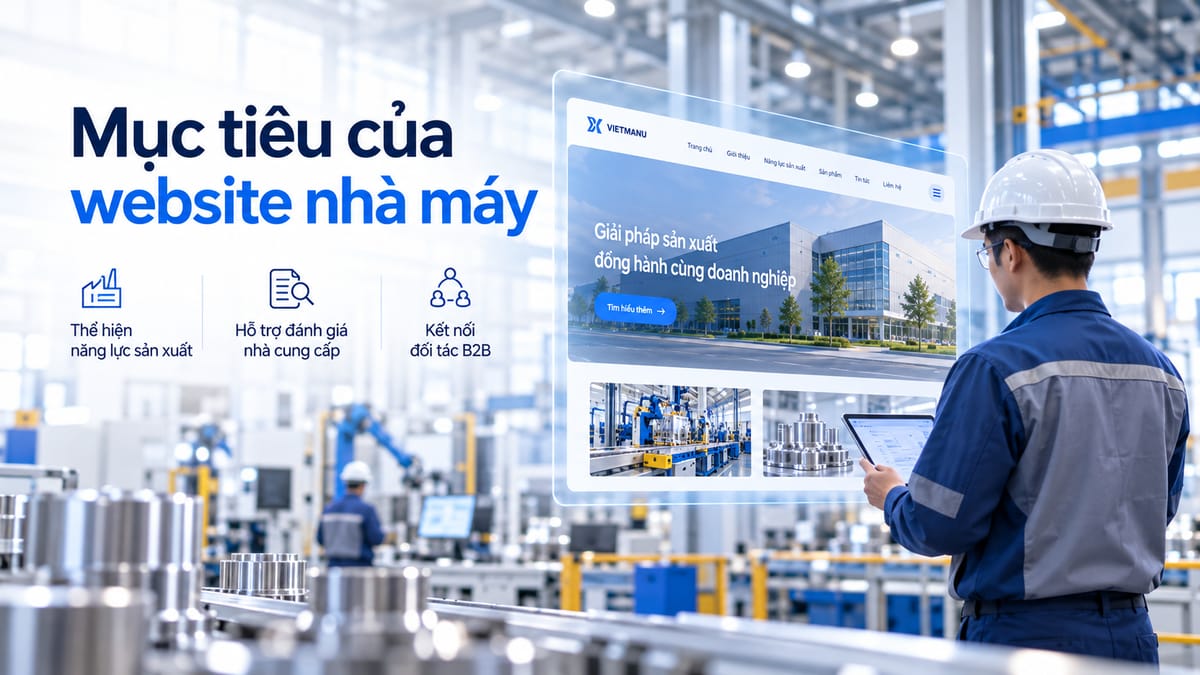 Ba mục tiêu khi thiết kế website nhà máy gồm thể hiện năng lực sản xuất, hỗ trợ đánh giá nhà cung cấp và kết nối đối tác B2B.