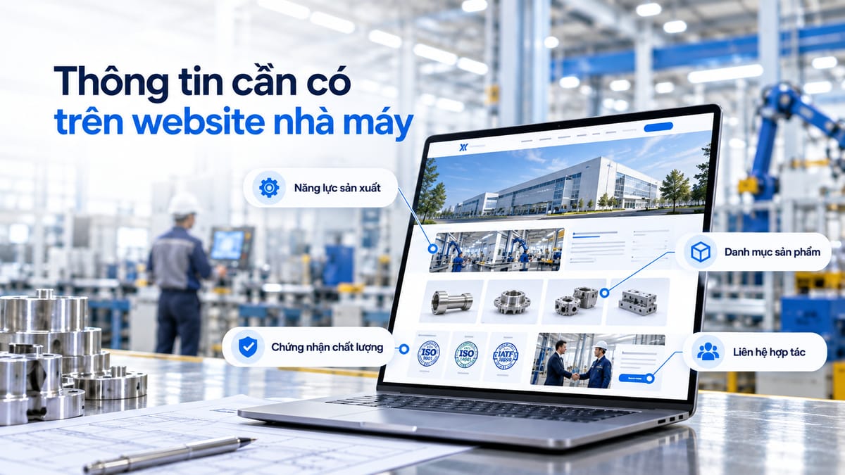 Những nhóm thông tin cần thể hiện trên website nhà máy gồm năng lực sản xuất, sản phẩm kỹ thuật, chứng nhận chất lượng và liên hệ hợp tác.