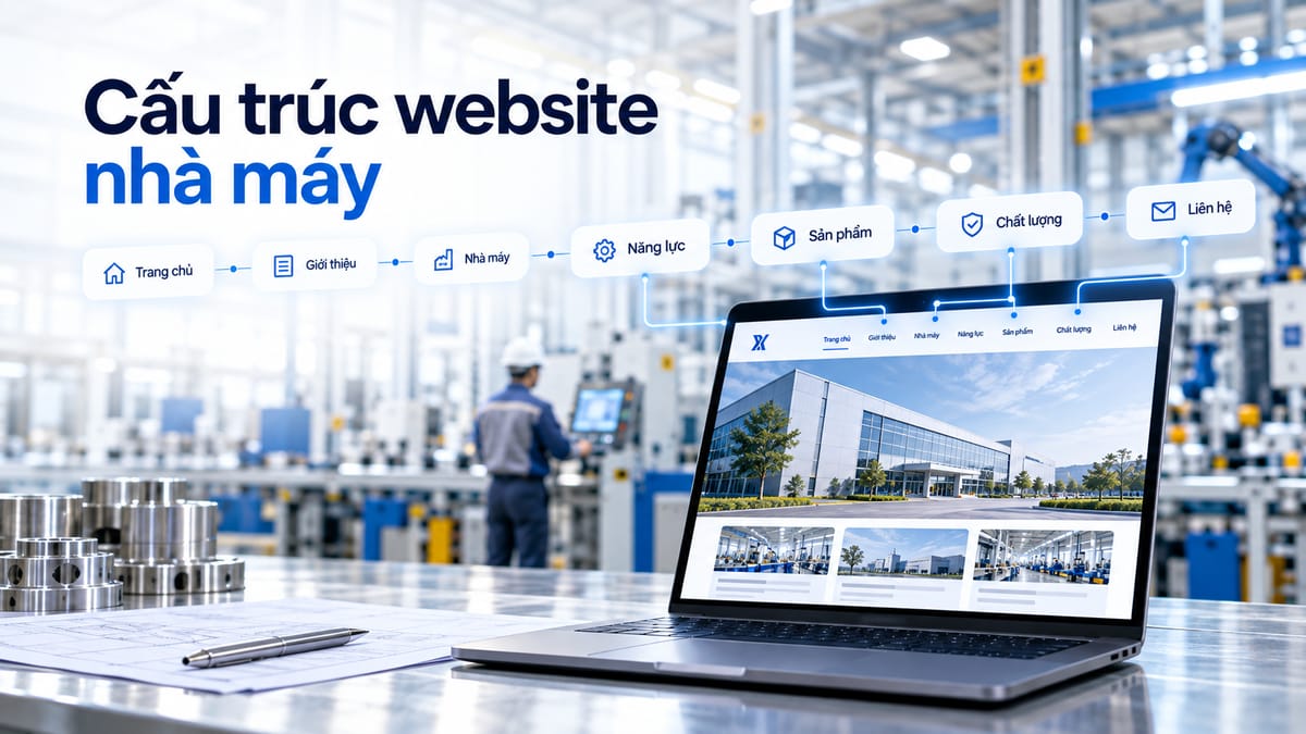 Cấu trúc website nhà máy với các trang giới thiệu, nhà máy, năng lực, sản phẩm, chất lượng và liên hệ hợp tác.