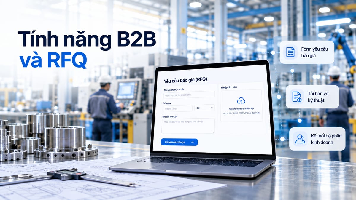 Minh họa các tính năng B2B và biểu mẫu RFQ giúp khách hàng gửi yêu cầu báo giá kèm tài liệu kỹ thuật.