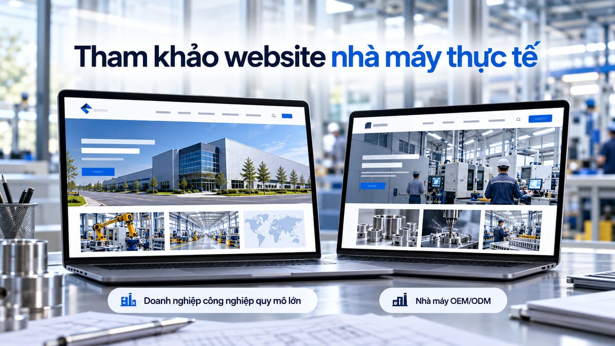 Hình minh họa các cách trình bày website nhà máy để tham khảo; không phải ảnh chụp website chính thức của THACO INDUSTRIES hoặc Rạng Đông.