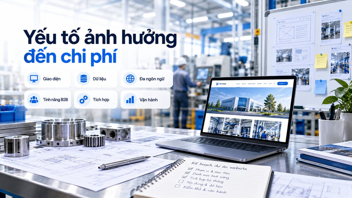 Những yếu tố ảnh hưởng đến chi phí thiết kế website nhà máy gồm giao diện, dữ liệu, đa ngôn ngữ, tính năng B2B, tích hợp và vận hành.