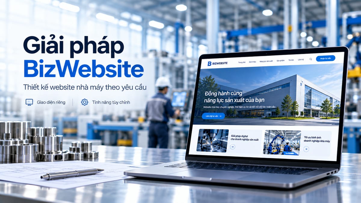 Minh họa giải pháp thiết kế website nhà máy theo yêu cầu từ BizWebsite với giao diện riêng và chức năng có thể tùy chỉnh.