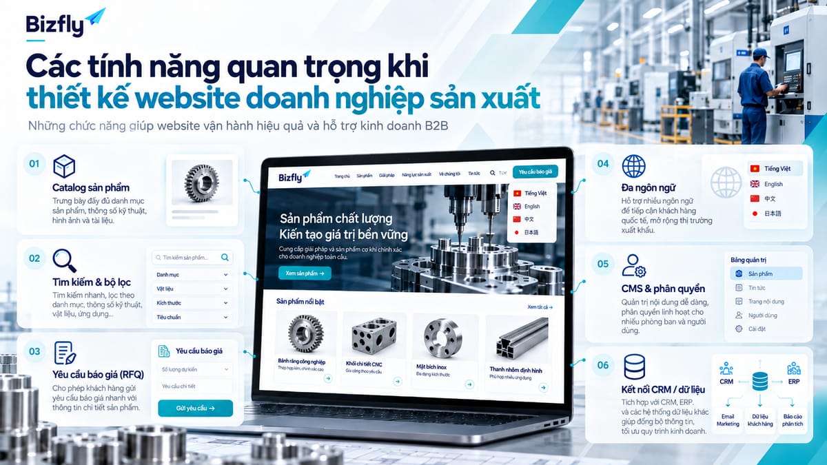 Minh họa các tính năng catalog, bộ lọc sản phẩm, RFQ, đa ngôn ngữ, quản trị nội dung và kết nối dữ liệu.
