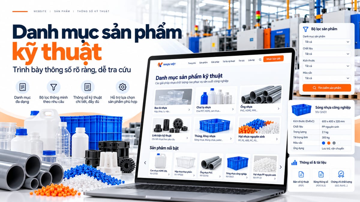 Giao diện danh mục sản phẩm nhựa và bảng thông số kỹ thuật giúp khách hàng dễ tra cứu.