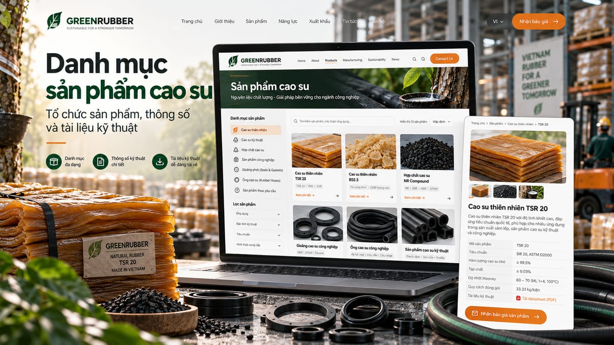 Giao diện danh mục sản phẩm cao su với bộ lọc, thông số và tài liệu kỹ thuật.