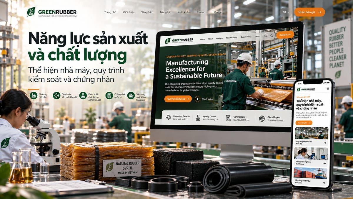 Mẫu giao diện website giới thiệu năng lực nhà máy và quy trình kiểm soát chất lượng.