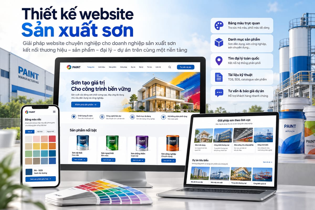 Giao diện website sản xuất sơn giới thiệu các dòng sản phẩm, bảng màu và giải pháp theo lĩnh vực sử dụng.