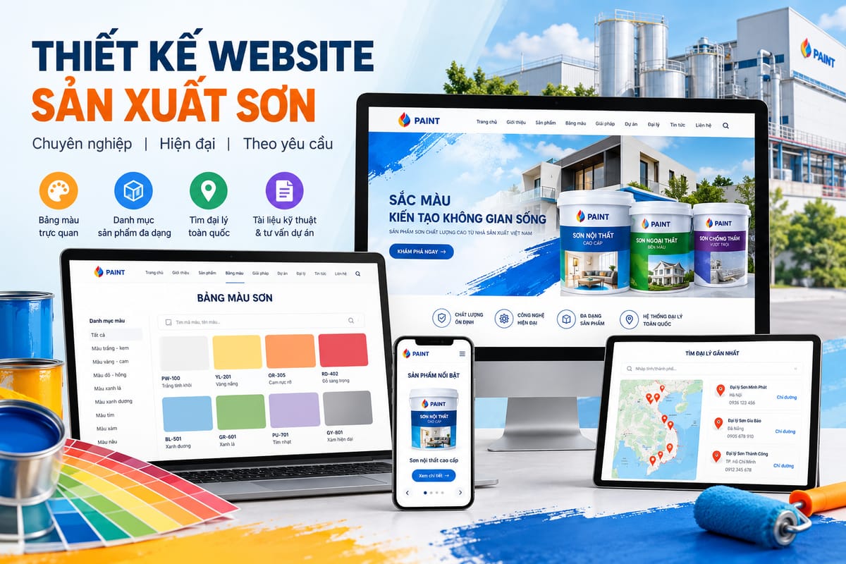 Minh họa giao diện website ngành sơn với bảng màu và hệ thống tìm kiếm đại lý theo khu vực.