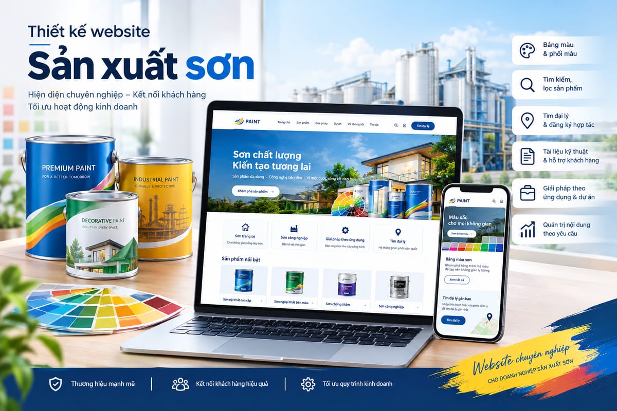 Mẫu thiết kế website giới thiệu sản phẩm sơn, thông tin kỹ thuật và các kênh hỗ trợ khách hàng.