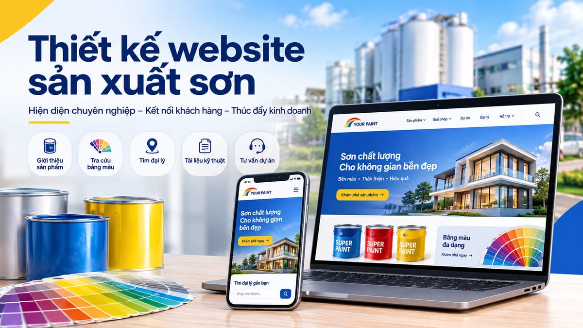 Thiết kế website sản xuất sơn theo yêu cầu với giao diện giới thiệu thương hiệu và trải nghiệm trên desktop, mobile.