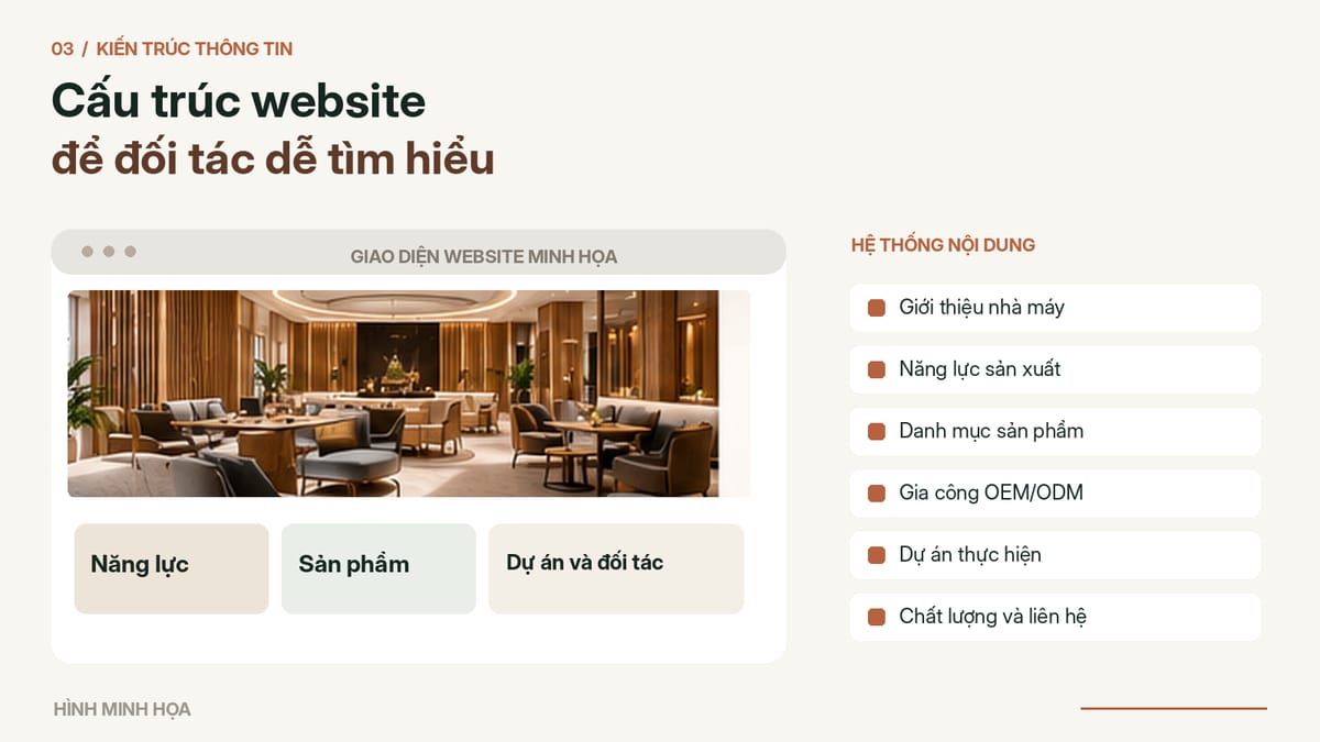 Cấu trúc các trang giúp đối tác tìm kiếm thông tin nhà máy và sản phẩm.