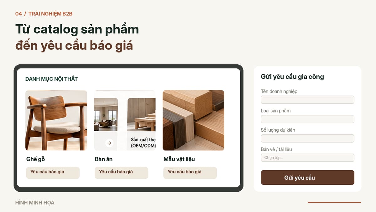 Catalog sản phẩm và chức năng tiếp nhận yêu cầu báo giá từ đối tác B2B.