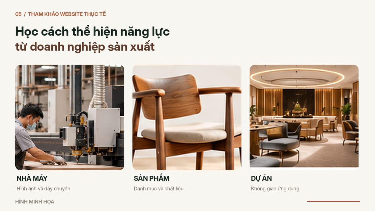 Minh họa cách trình bày website của doanh nghiệp sản xuất nội thất.