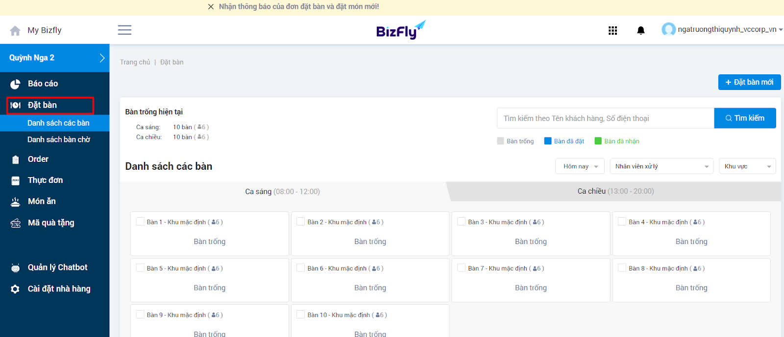 Quản lý đặt bàn trên Bizfly e-shop