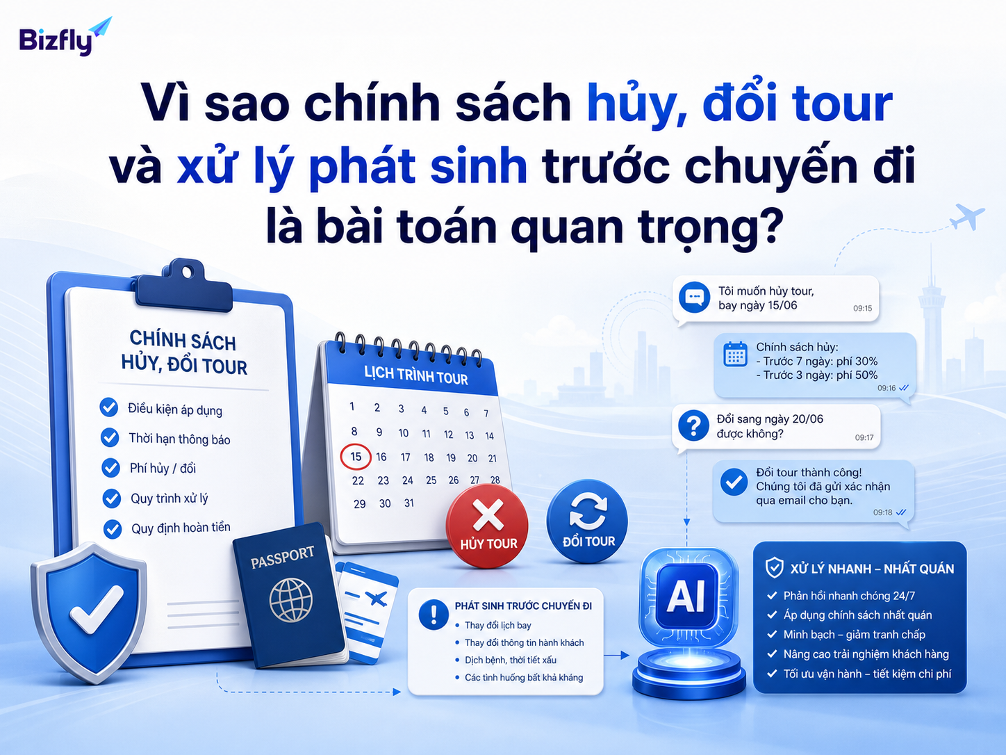 AI giúp doanh nghiệp du lịch xử lý các yêu cầu hủy, đổi tour và phát sinh trước chuyến đi nhanh, nhất quán hơn.