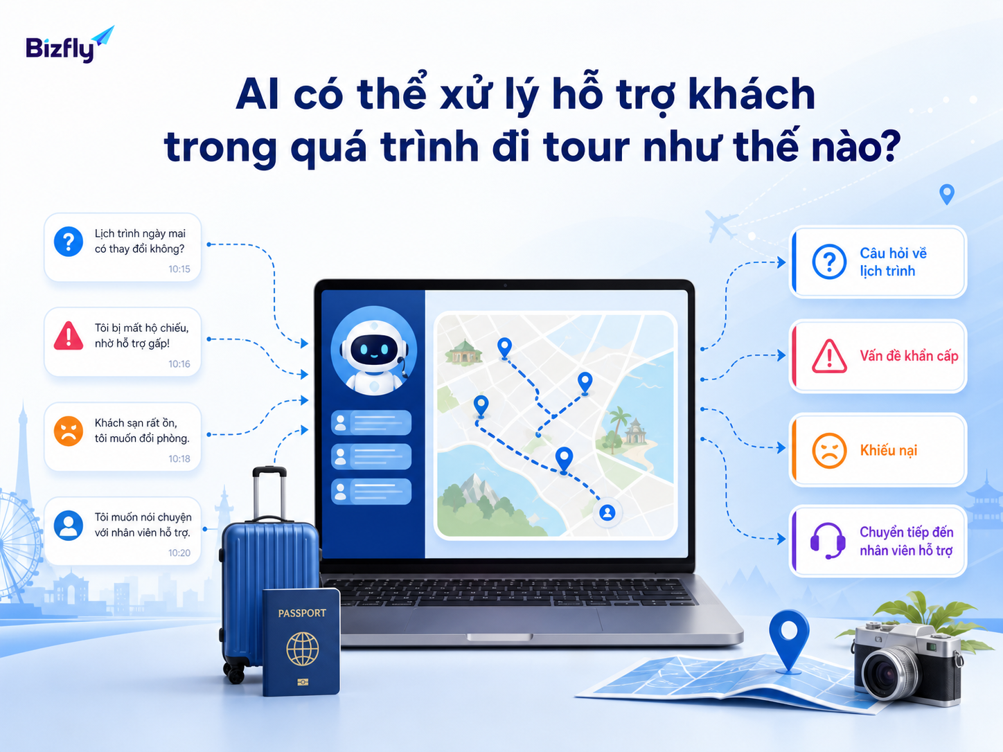 AI phù hợp để tiếp nhận, phân loại và hỗ trợ phản hồi ban đầu cho khách trong tour.