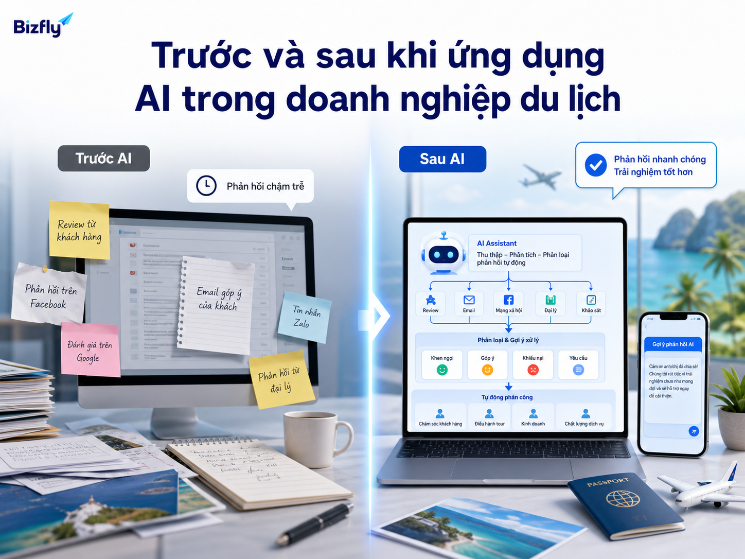 So sánh quy trình chăm sóc sau chuyến đi trước và sau khi ứng dụng AI.