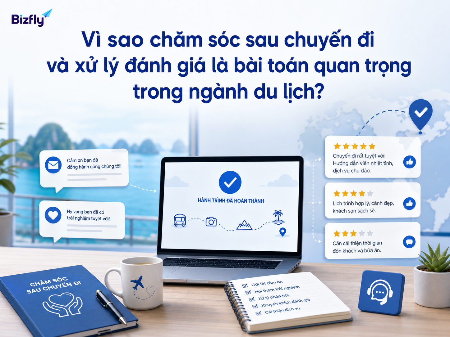 Minh họa vai trò của chăm sóc sau chuyến đi và xử lý đánh giá trong ngành du lịch.