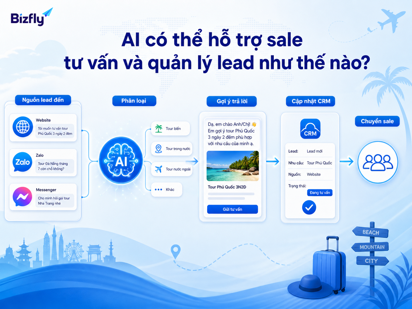 Luồng AI hỗ trợ phân loại lead, gợi ý tư vấn và cập nhật CRM.