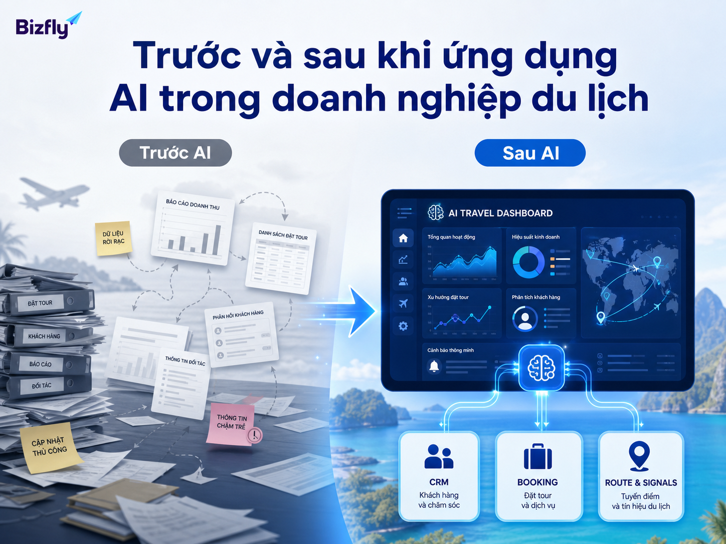 So sánh trước và sau khi ứng dụng AI trong quản trị doanh nghiệp du lịch.