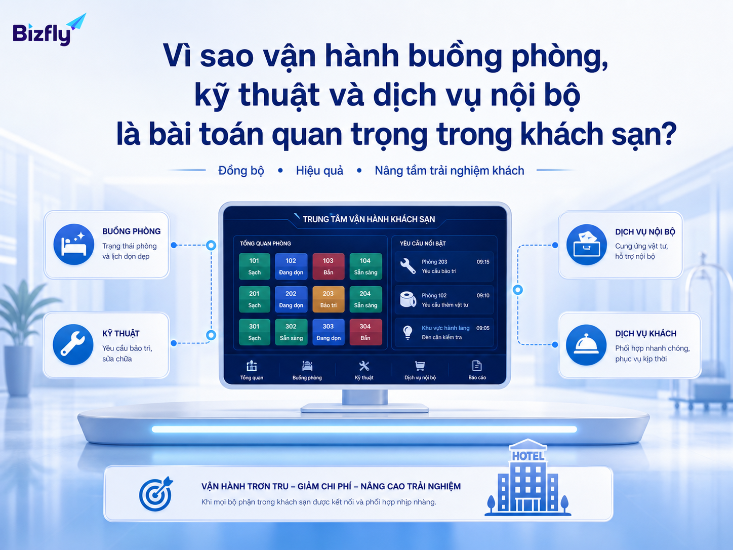 Minh họa trung tâm vận hành khách sạn kết nối buồng phòng, kỹ thuật và dịch vụ nội bộ.