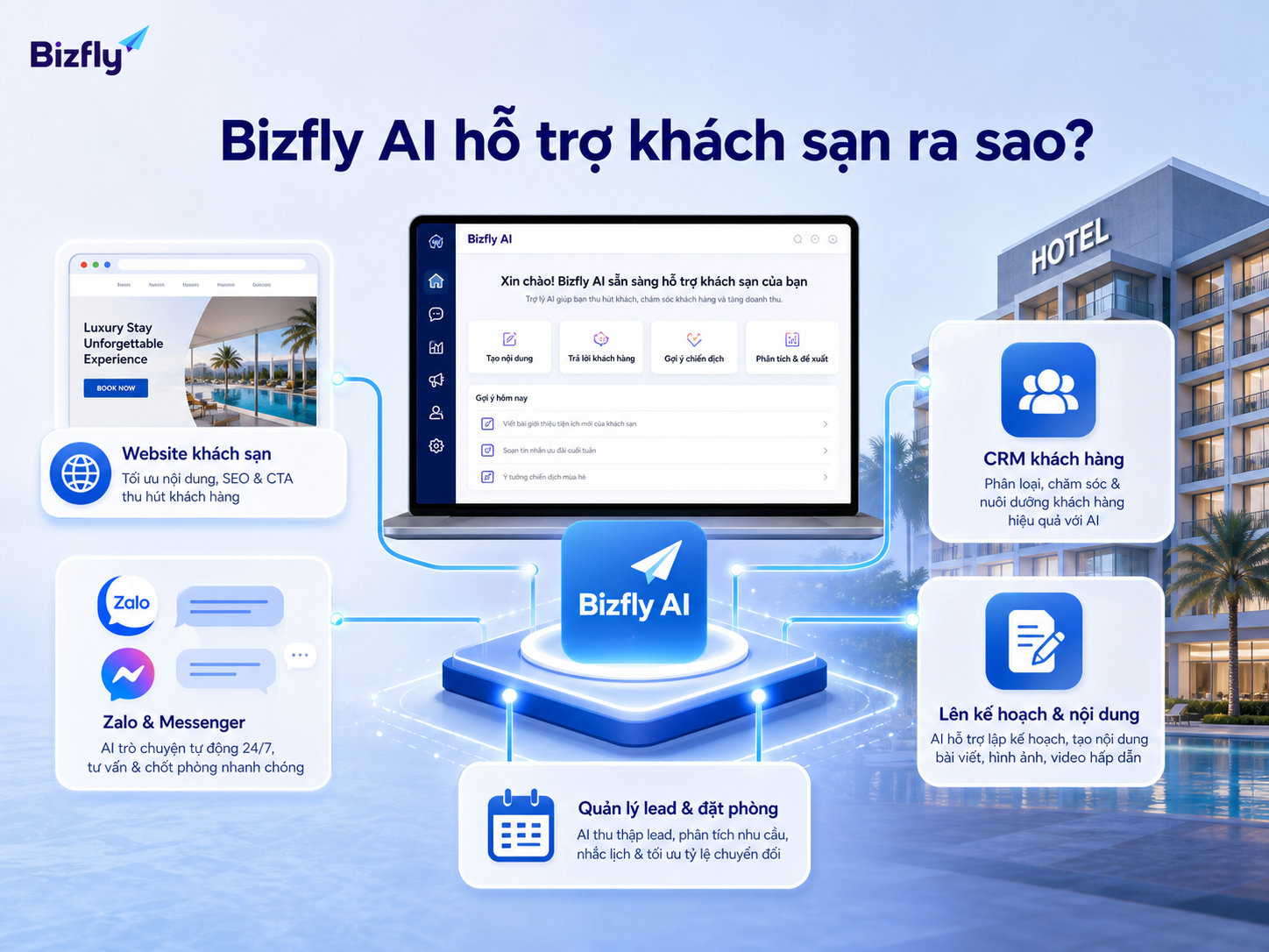 Bizfly AI đóng vai trò lớp hỗ trợ kết nối nội dung, hội thoại, CRM và lead.