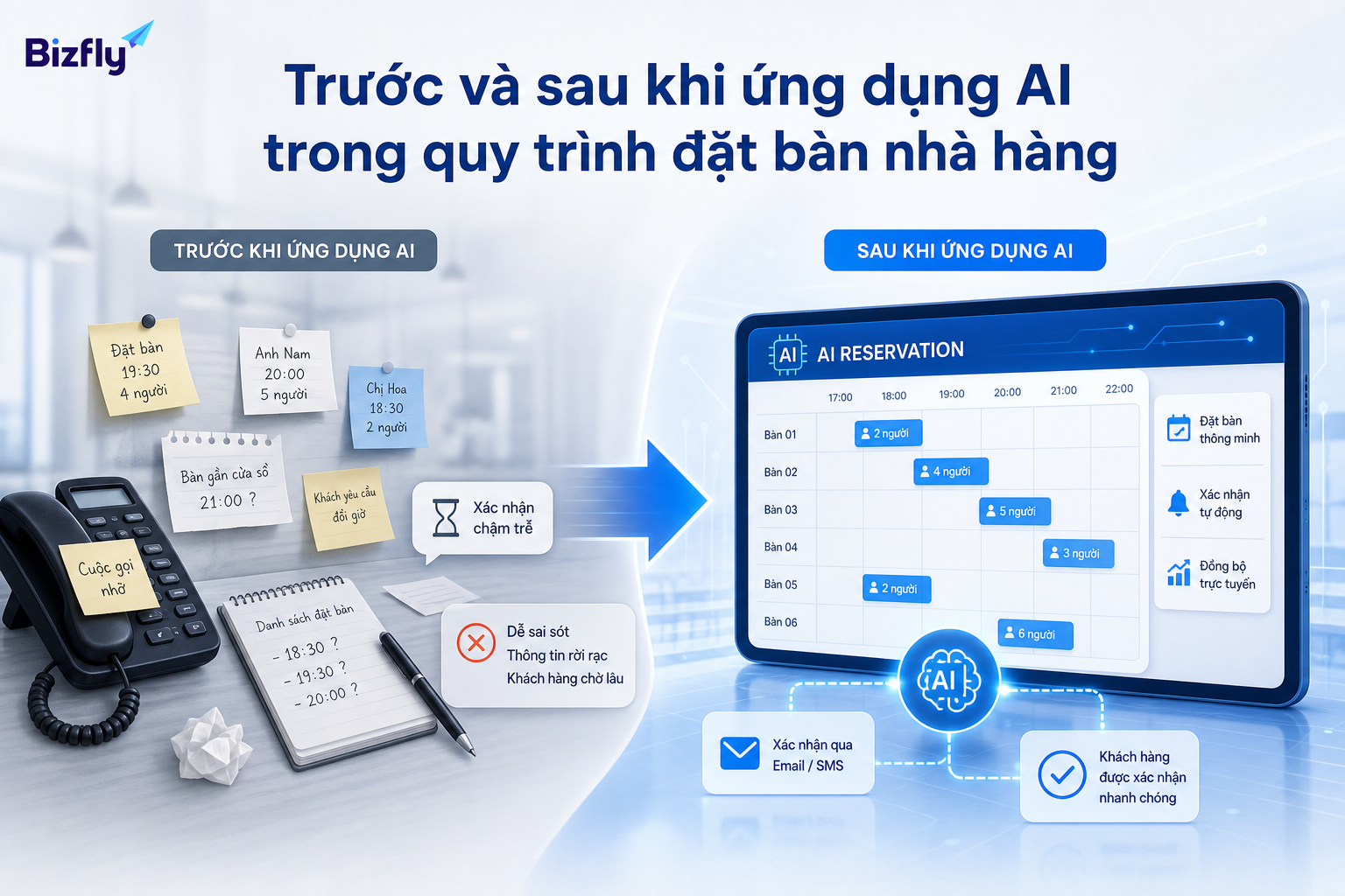 So sánh quy trình đặt bàn thủ công và quy trình có AI hỗ trợ tự động hóa.