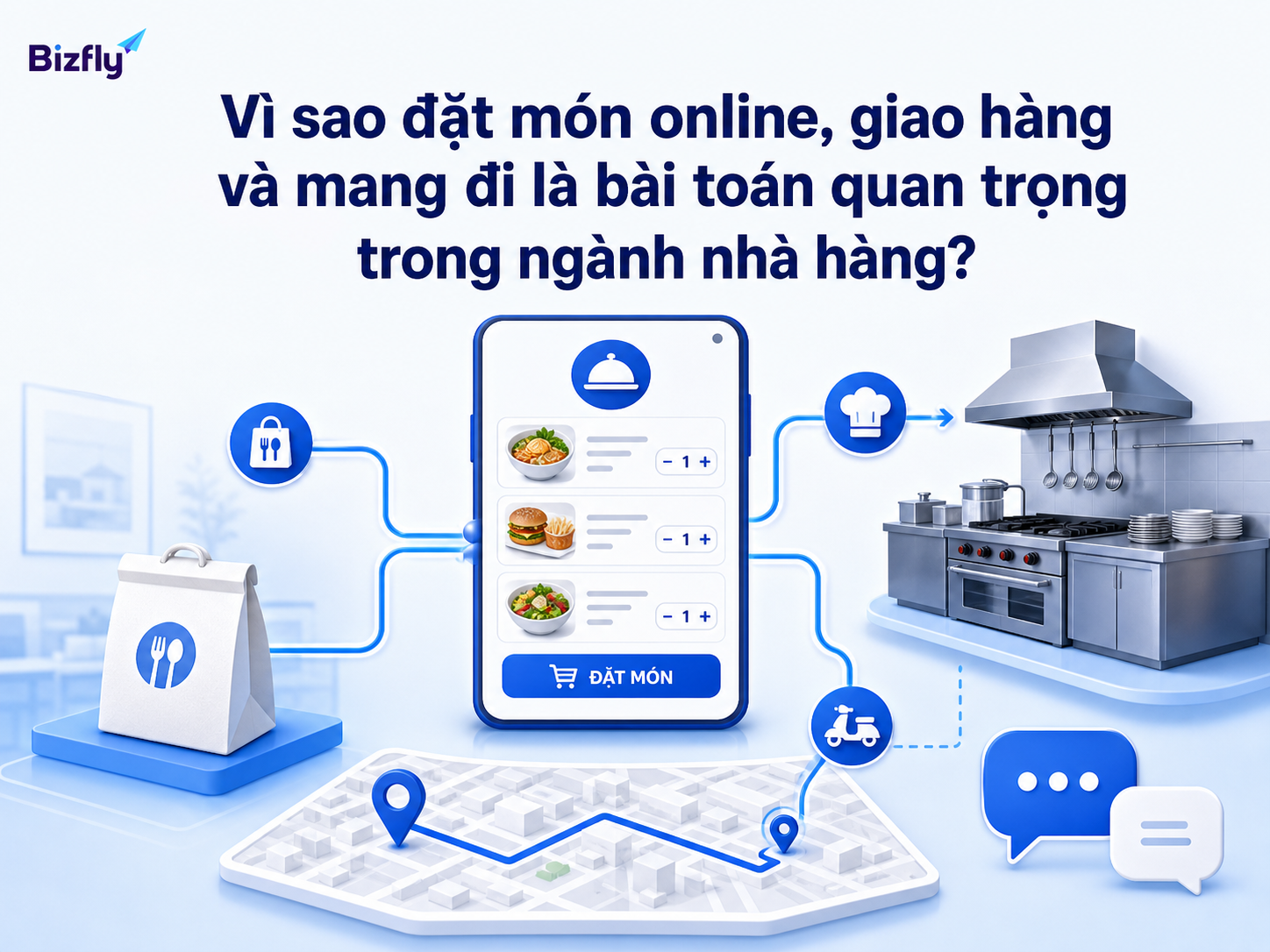 Minh họa vai trò của đặt món online, giao hàng và mang đi trong vận hành nhà hàng.