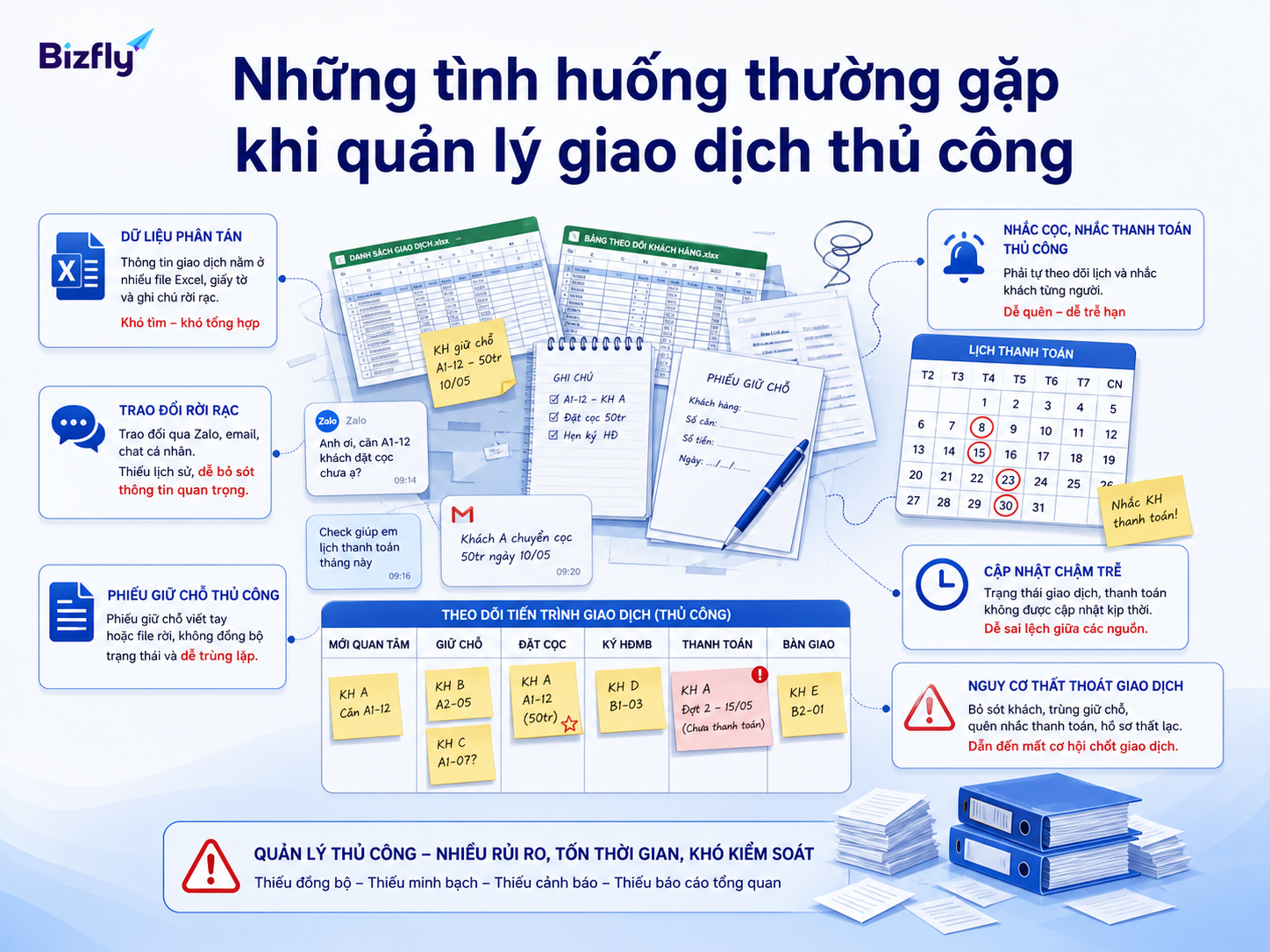 Quản lý thủ công dễ khiến trạng thái deal, booking và mốc thanh toán bị rời rạc.