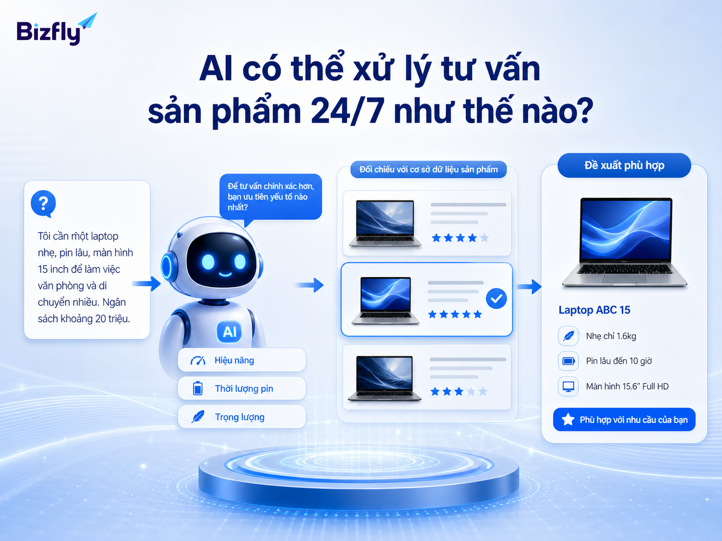 Quy trình AI tiếp nhận câu hỏi, phân tích nhu cầu và gợi ý phản hồi phù hợp.