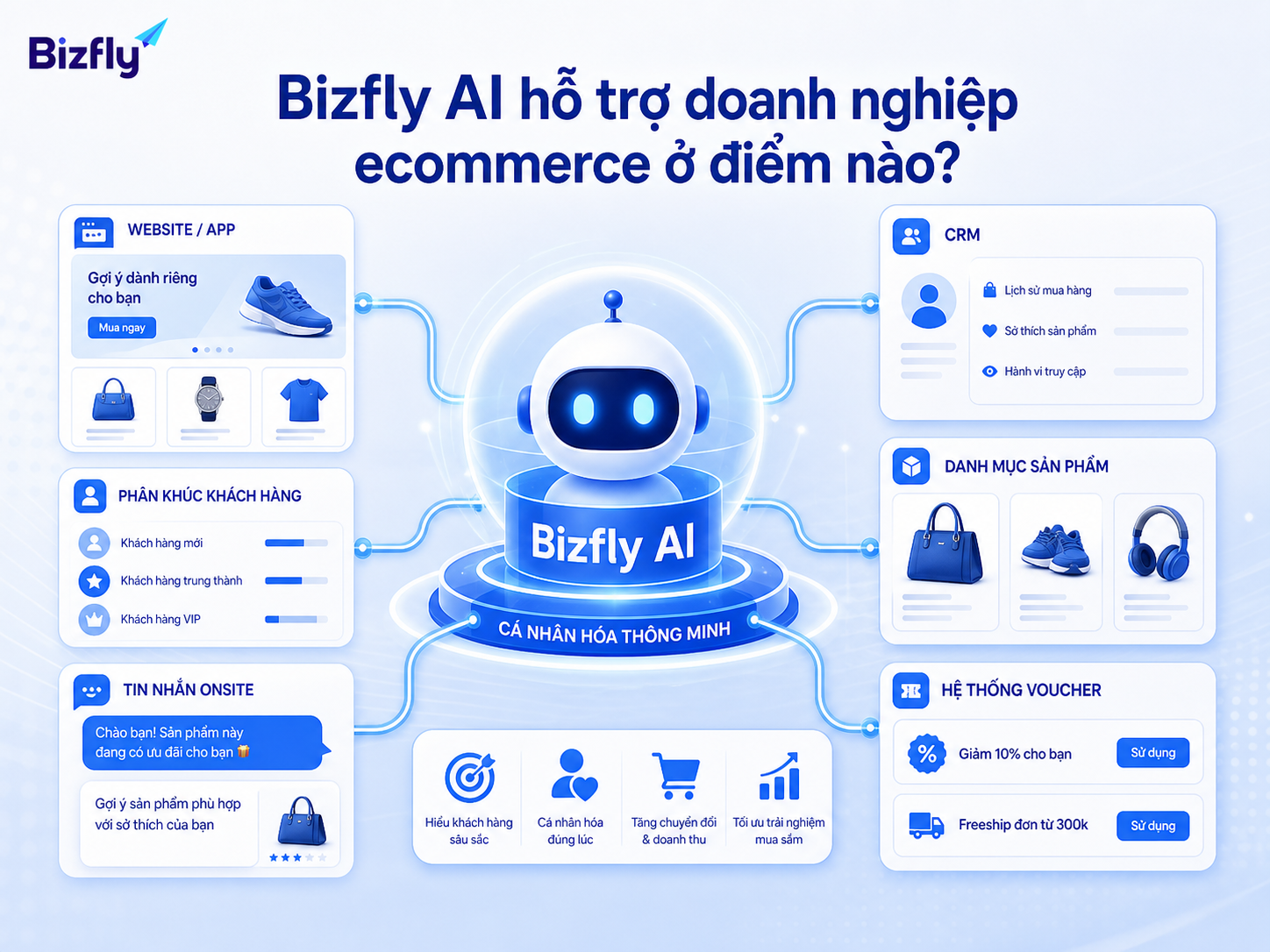 Bizfly AI hỗ trợ kết nối dữ liệu và kịch bản cá nhân hóa trên các điểm chạm ecommerce.