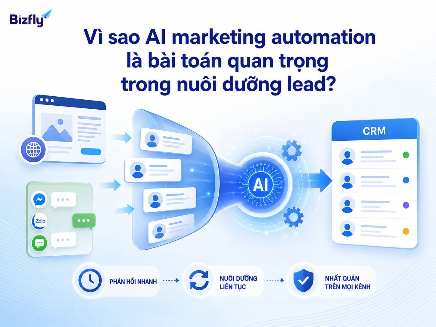 AI giúp chuẩn hóa phản hồi và nuôi dưỡng lead nhất quán trên nhiều kênh.