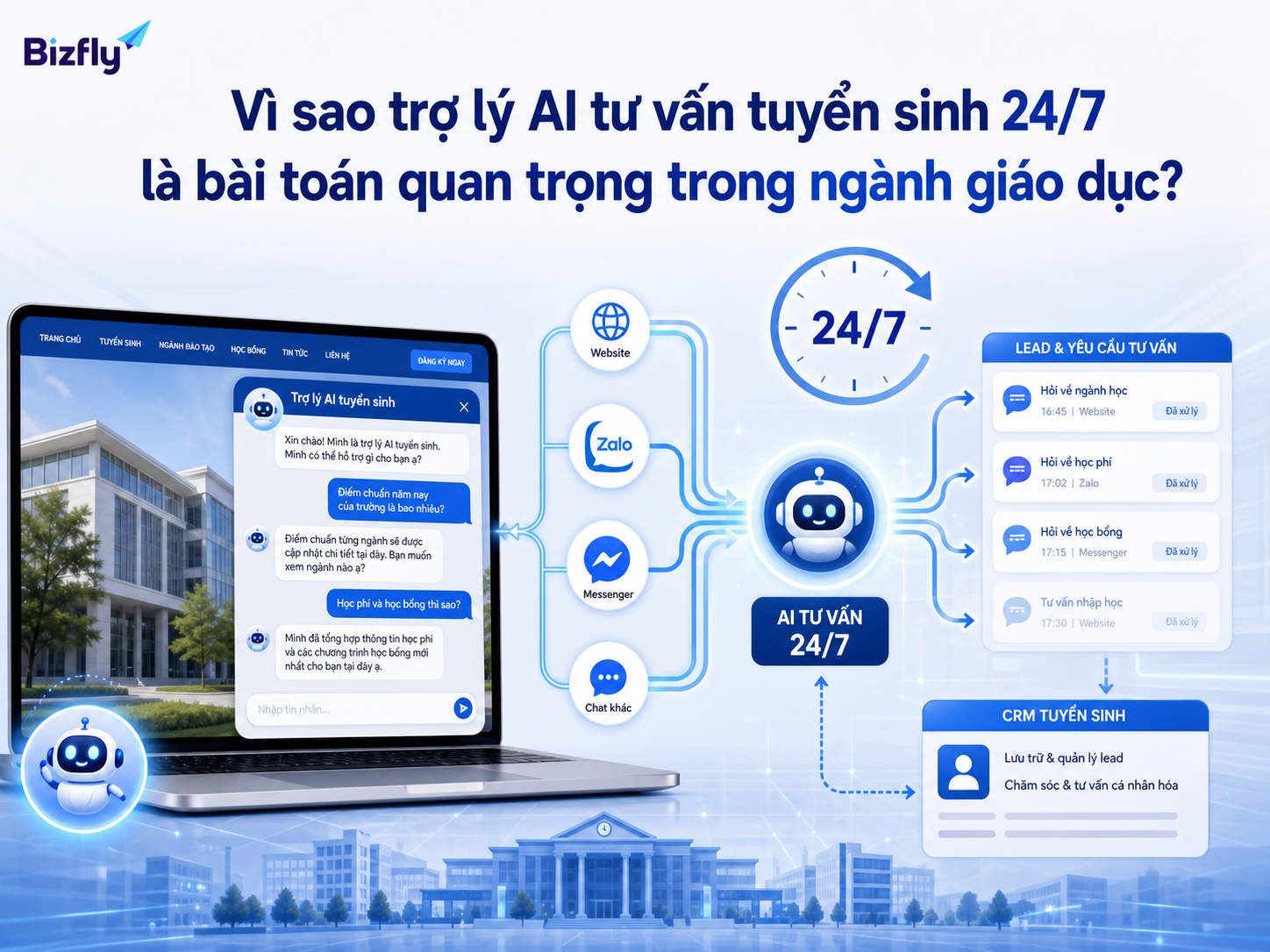 AI giúp doanh nghiệp giáo dục phản hồi lead tuyển sinh nhanh và nhất quán trên nhiều kênh.