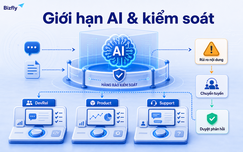 AI nên gợi ý phản hồi, còn DevRel/Product/Support cần kiểm duyệt các nội dung kỹ thuật quan trọng.