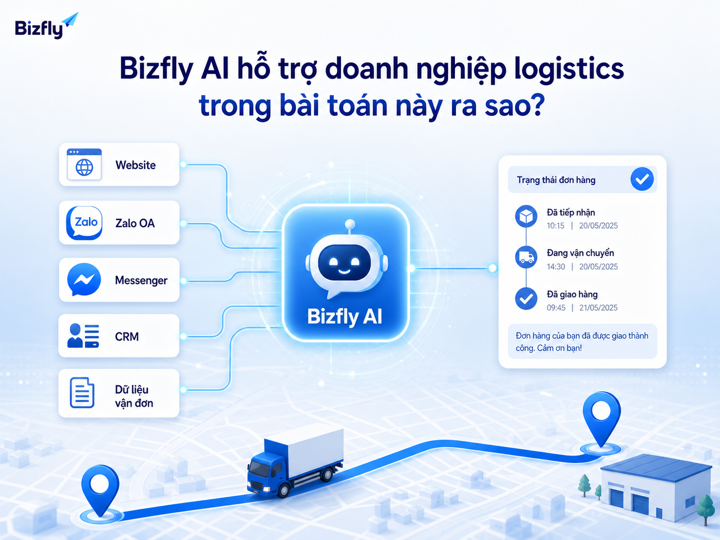 Bizfly AI hỗ trợ kết nối kênh tương tác và dữ liệu vận đơn để tự động hóa có kiểm soát.