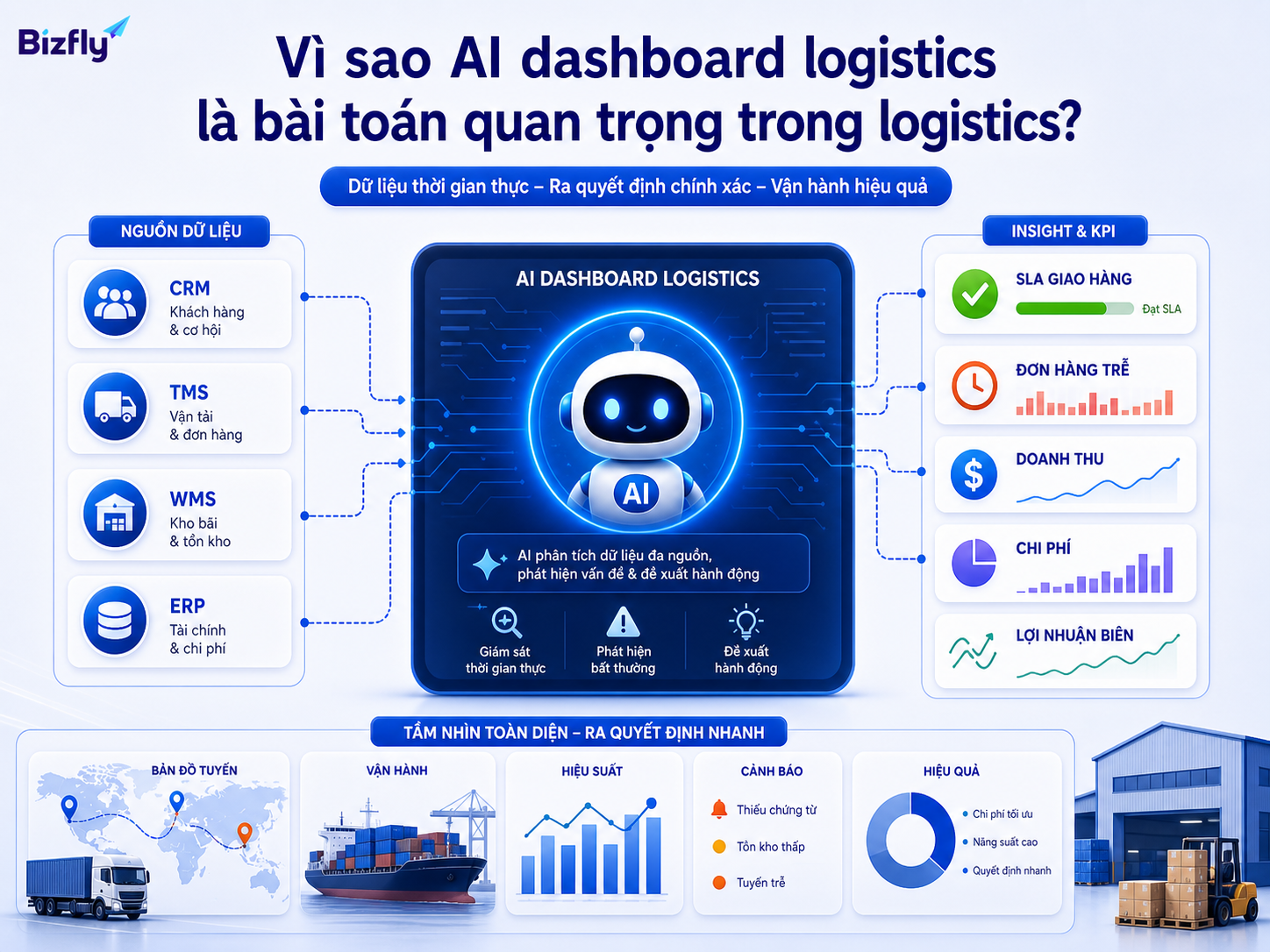 AI dashboard giúp doanh nghiệp logistics nhìn nhanh dữ liệu vận hành, doanh thu và chất lượng dịch vụ.