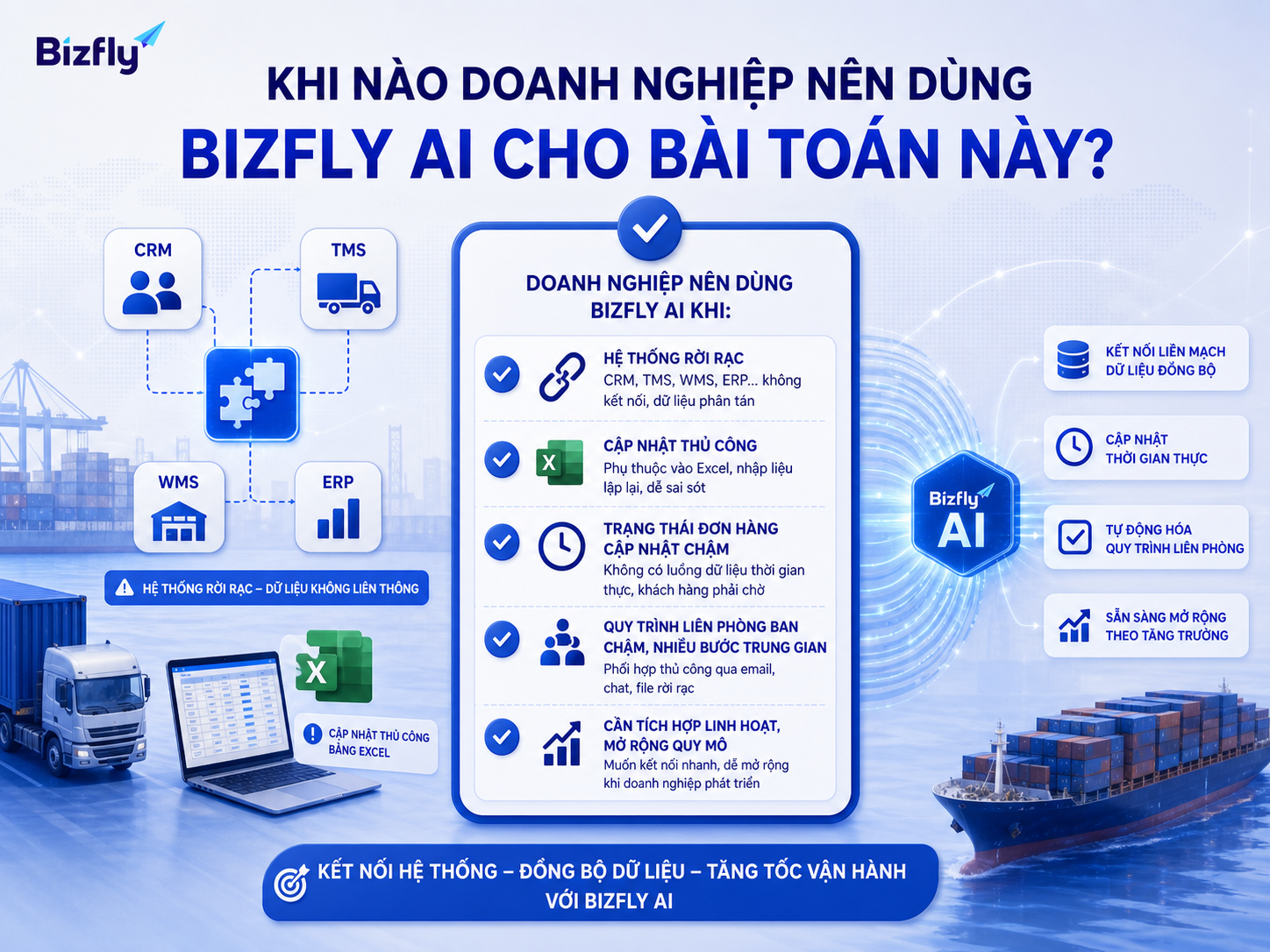 Doanh nghiệp nên cân nhắc Bizfly AI khi hệ thống rời rạc, cập nhật thủ công và quy trình liên phòng ban chậm.