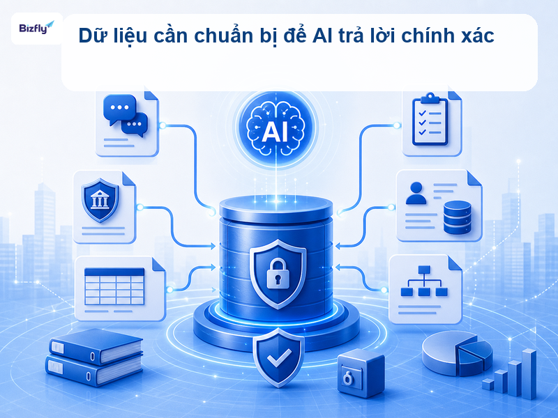 Dữ liệu dịch vụ, biểu mẫu và quy tắc kiểm soát giúp AI trả lời chính xác hơn.