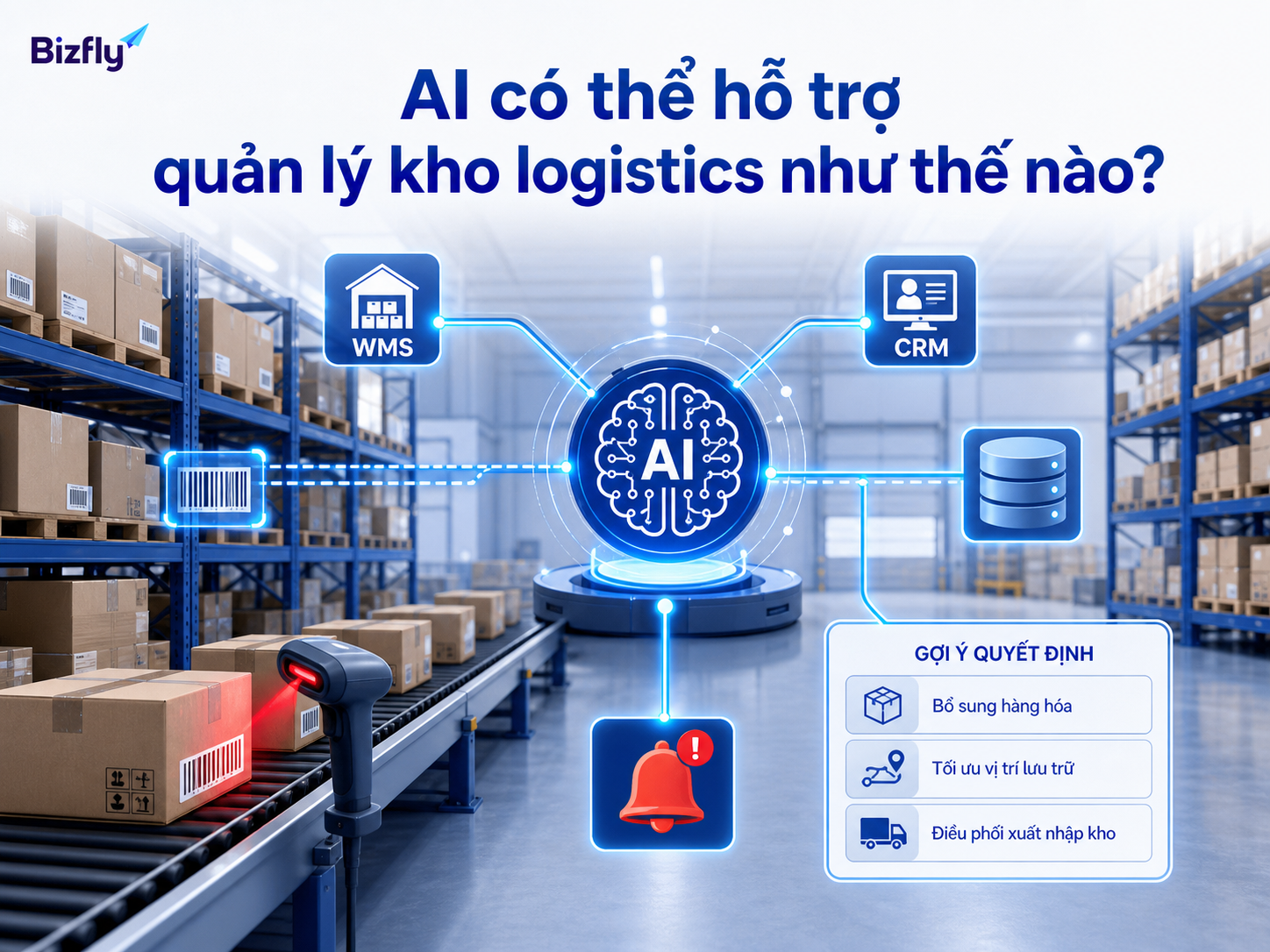 AI đóng vai trò lớp hỗ trợ phân tích, tra cứu và gợi ý trong quy trình quản lý kho.