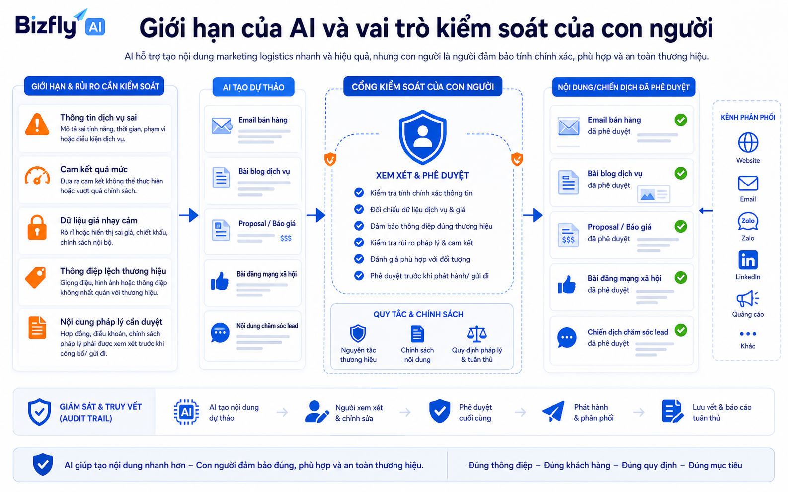 AI cần quy trình kiểm duyệt để tránh sai cam kết dịch vụ, giá, SLA hoặc thông điệp thương hiệu.
