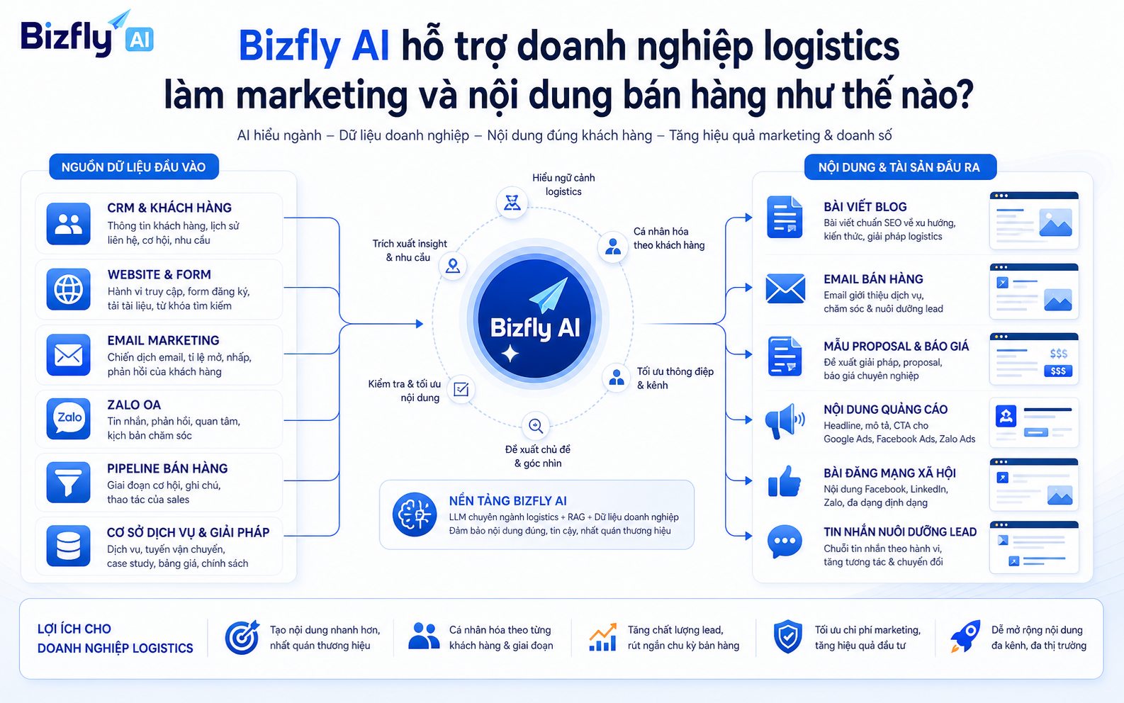 Bizfly AI hỗ trợ tạo nội dung nhất quán từ dữ liệu dịch vụ, CRM, website, email và kịch bản sales.