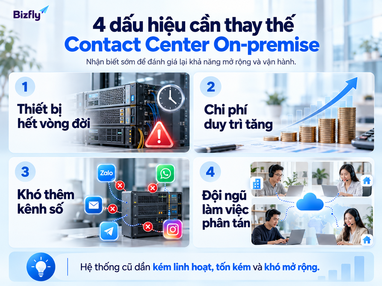 Bốn dấu hiệu cho thấy hệ thống on-premise cần được thay thế: thiết bị hết vòng đời, chi phí duy trì tăng, khó thêm kênh số, đội ngũ làm việc phân tán