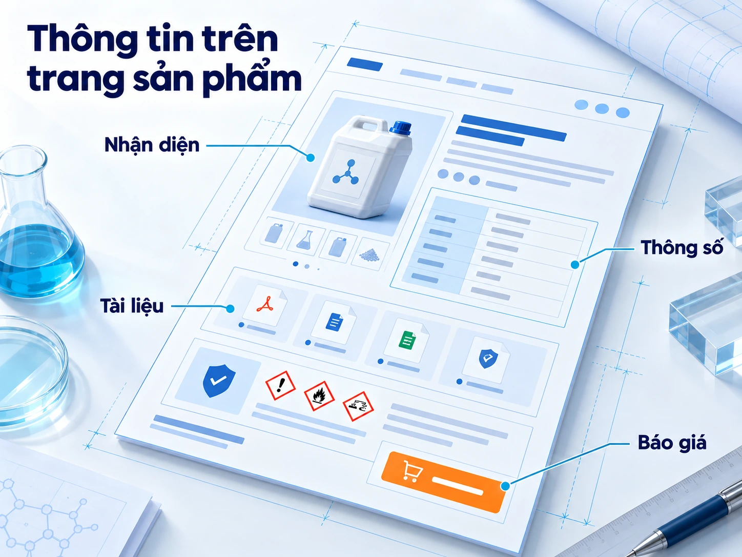 Một trang sản phẩm tốt cần tập trung thông tin kỹ thuật, tài liệu và hành động yêu cầu báo giá tại cùng một nơi.