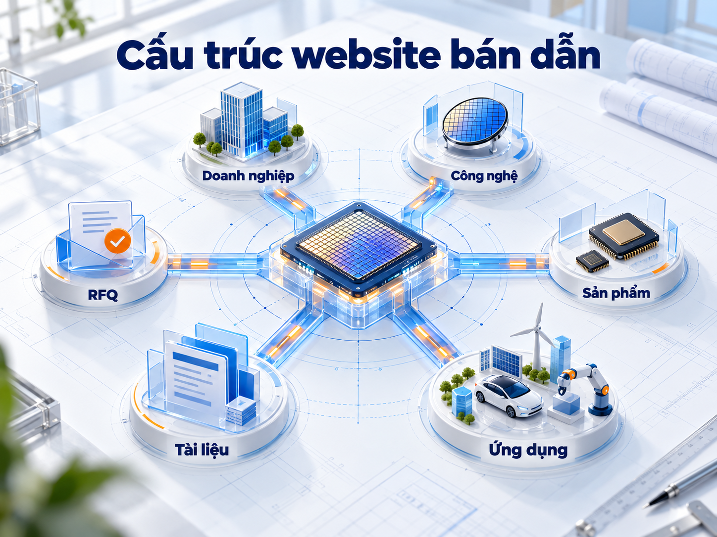 Cấu trúc website kết nối thông tin doanh nghiệp, công nghệ, sản phẩm, ứng dụng, tài liệu kỹ thuật và RFQ.