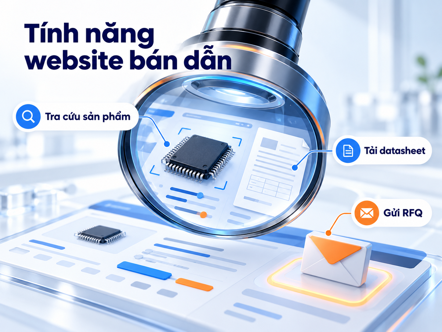 Các chức năng cốt lõi giúp kỹ sư và bộ phận mua hàng tiếp cận đúng sản phẩm, tài liệu và đầu mối báo giá.