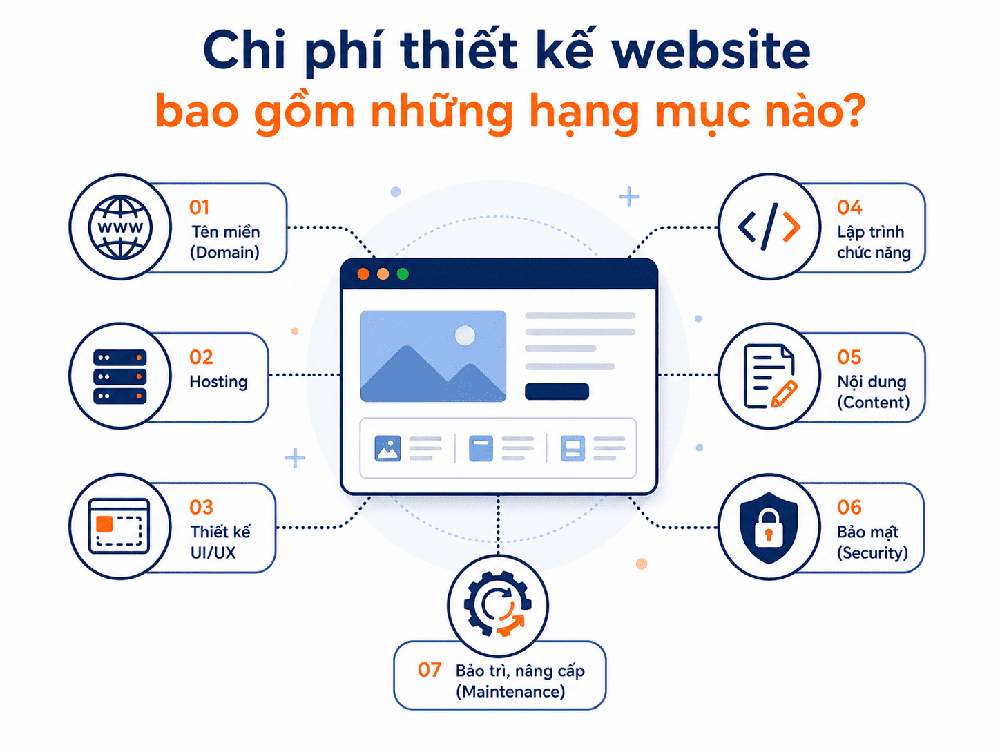 Các hạng mục chi phí thiết kế website gồm tên miền, hosting, UI UX, lập trình, nội dung, bảo mật và bảo trì