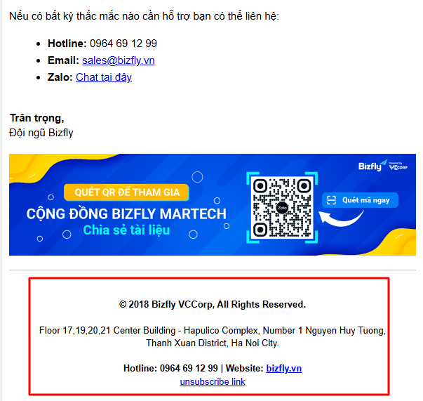 Ví dụ về footer được tạo trên phần mềm BizMail