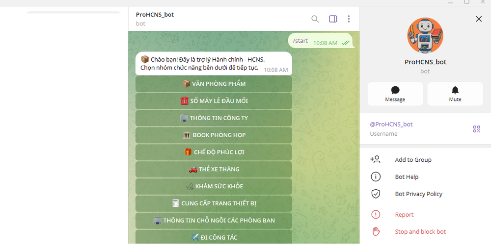 Ví dụ về giao diện của AI Assistant kết nối với Telegram