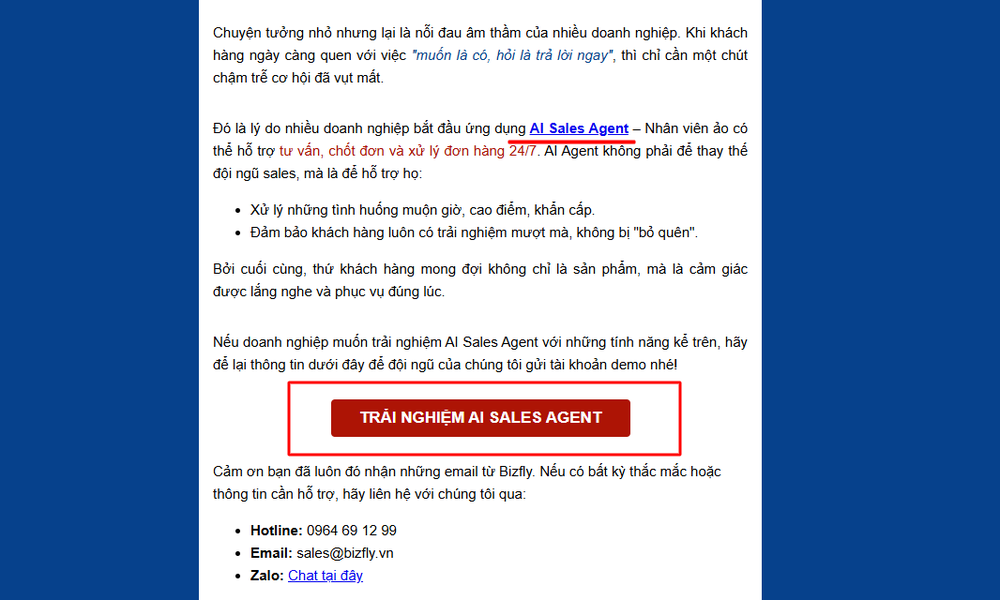 Ví dụ về chèn link trong text và các hình ảnh, nút CTA